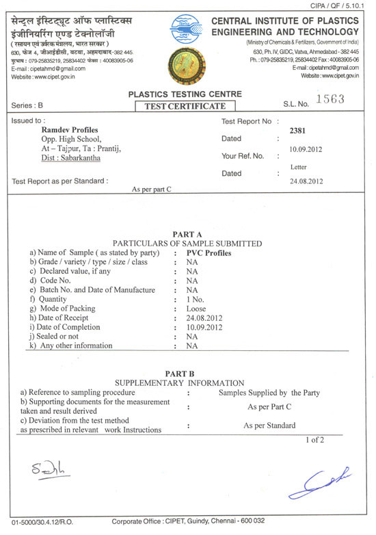 Plastic Testing Center-Test Certificate